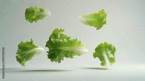 Fresh green lettuce leaves floating against a soft gray background