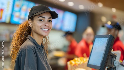 Fast food restaurant cashier taking orders