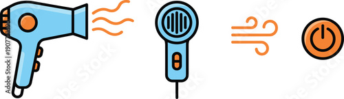 Hair Dryer Vector Illustration Set with Blue Blow Dryer Blowing Hot Air Front View Symbol and Power Button Isolated Elements
