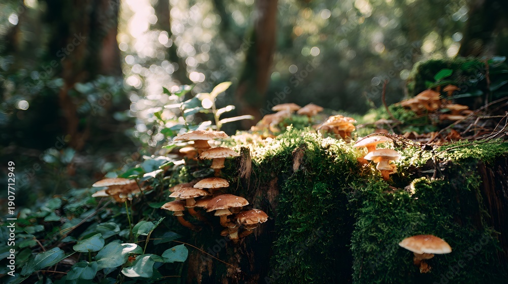 Fototapeta premium Sunlight Illuminates Cluster of Mushrooms Growing on Mossy Forest Floor.