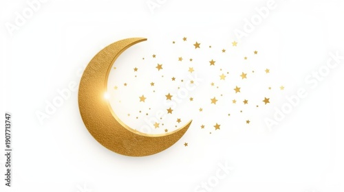 A golden crescent moon with sparkling stars on a white background