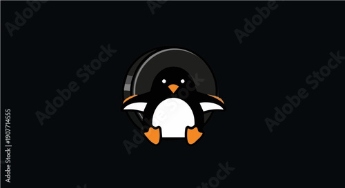 Minimalist Penguin Hockey Puck Mascot - Creative Sports and Wildlife Illustration for Ice Hockey Fans