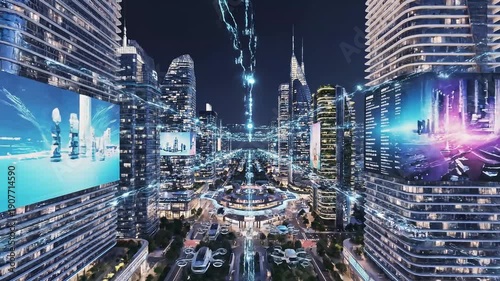 Wallpaper Mural Futuristic Smart City Skyline with Digital Connections and IoT Technology at Night Torontodigital.ca