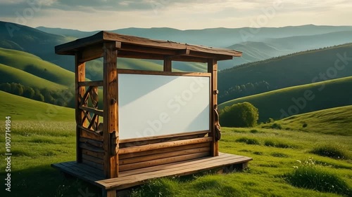 Rustic wooden information kiosk or large outdoor billboard structure with a blank white display panel resting on a wooden platform amidst vibrant rolling green hills and
