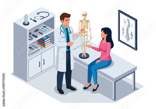 Doctor explaining medical condition to female patient in clinic examination room with skeleton model