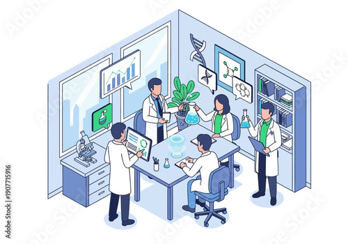 Scientists collaborating in a modern laboratory, discussing research and experiments with digital tools and scientific equipment