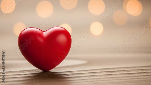 A shiny red heart on a wooden surface with bokeh lights in the background