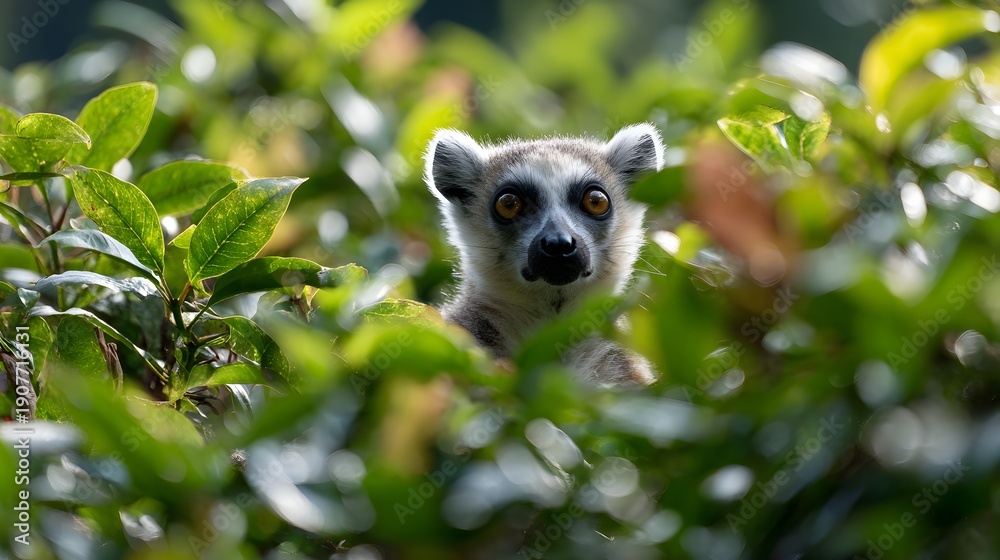 Fototapeta premium Ring-tailed Lemur Peeking Through Lush Green Foliage in Sunlight.