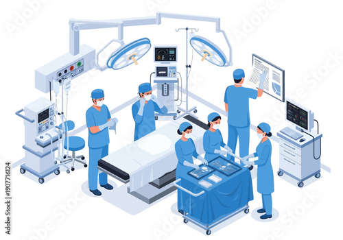 Surgeons and medical team in operating room with advanced equipment preparing for surgery