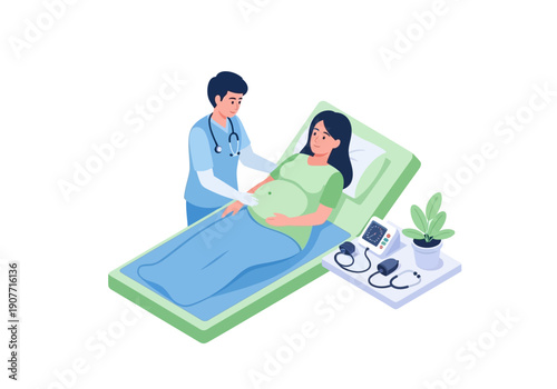 Doctor examining a pregnant woman in a hospital bed with medical equipment