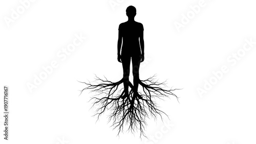 Silhouette of Person with Tree Roots Growing from Feet for Grounded Concept