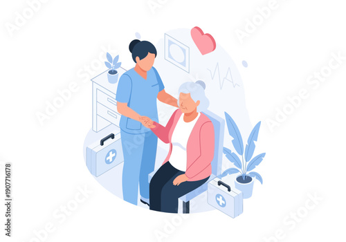 Caring for the elderly A caregiver providing comfort and medical assistance to a senior woman