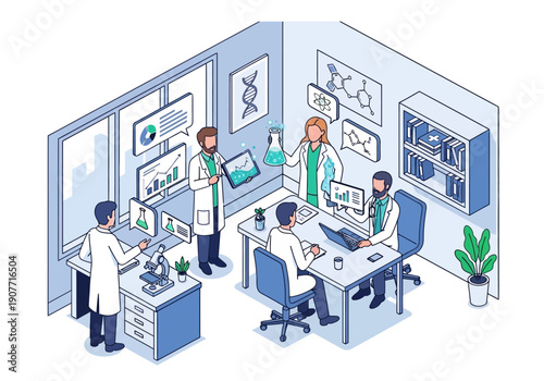 Scientific research and development in a modern laboratory setting with scientists collaborating