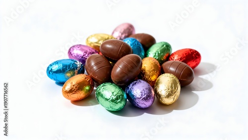 Highly detailed studio photo of a small pile of chocolate mini Easter eggs with colorful wrappers, isolated on pure white background, soft shadow.