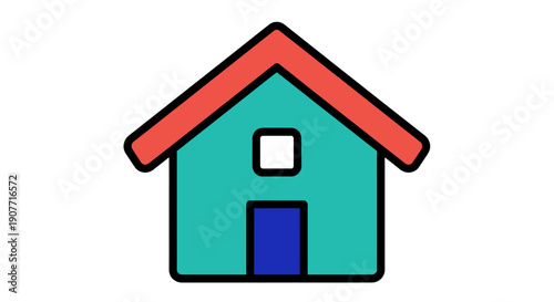 Simple house icon with a red roof and blue door on a white background.