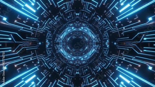 Hypnotic deep space travel through a glowing blue digital circuit tunnel, abstract futuristic technology vortex motion background, high speed data stream corridor