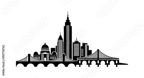 Stylized City Skyline Silhouette with Classic and Modern Buildings and Bridges on Isolated White Background