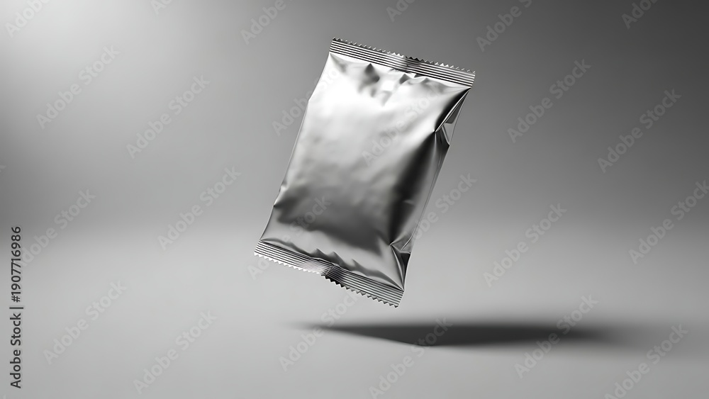Fototapeta premium a shiny silver foil packet floating in the air