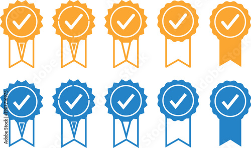 Set of blue verified badge icons with white checkmarks. Account verification symbols. Modern checkmark icons. Isolated vector illustration.

