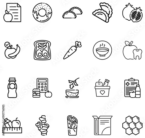 Collection of healthy and unhealthy food with health and medical symbols nutrition