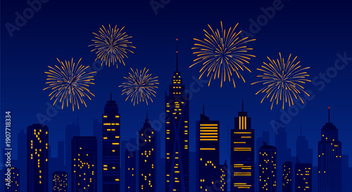 Colorful vector illustration of a city skyline with fireworks at night, perfect for celebrations and New Year's Eve