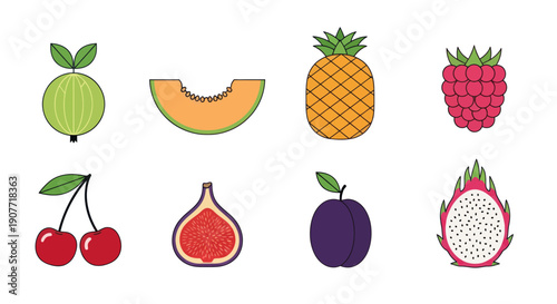 Illustrated fruit collection on white