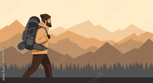 Amazing vector illustration of a hiker with a backpack walking through a mountain landscape, an outdoor adventure and travel concept