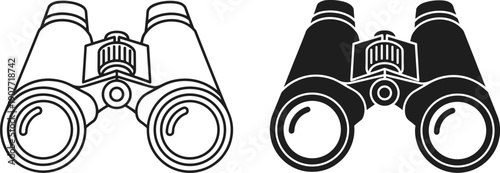 Black binoculars silhouette and line art icons isolated on white background, cad drawing flat vector illustration for travel and nature exploration.