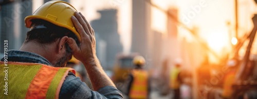 Construction worker man holding head in pain at site during sunset  