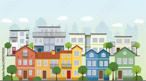 Colorful cartoon houses and buildings in a suburban neighborhood scene