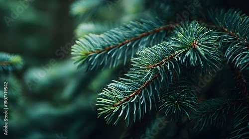 Close-up of a Lush Green Pine Tree Branch with Soft Bokeh Background.