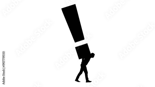 Silhouette of Man Carrying Heavy Giant Exclamation Mark on His Back