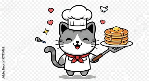 Cute Chef Cat Serving Pancakes Illustration.