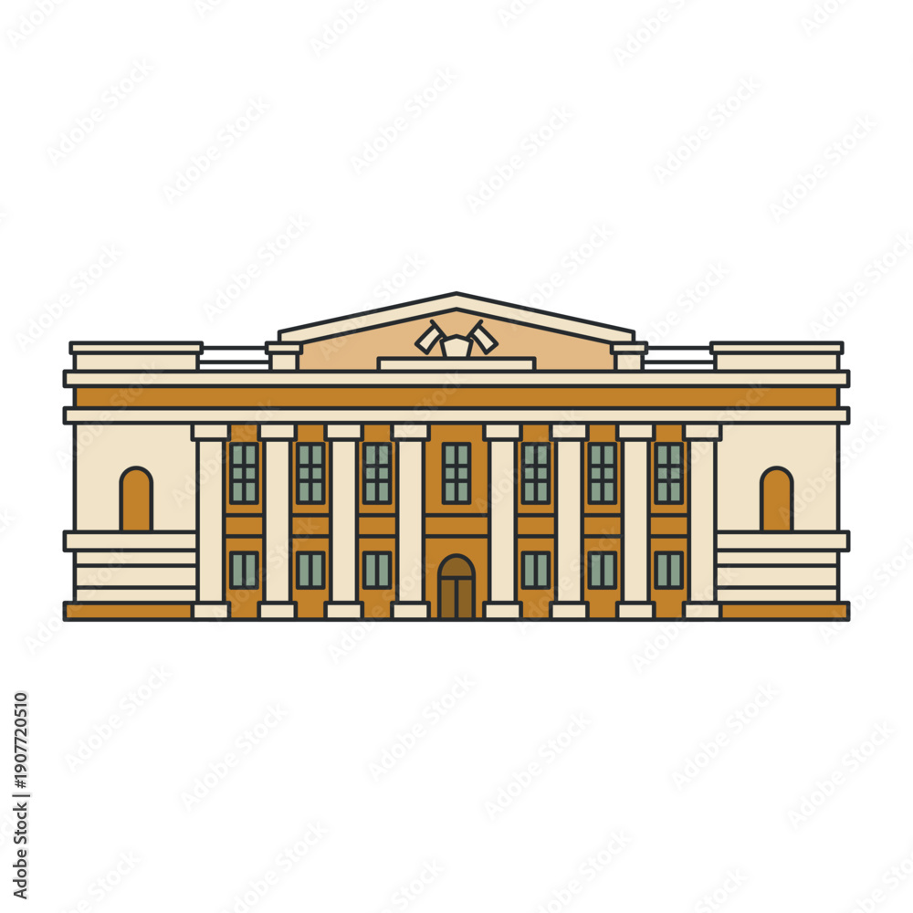 Obraz premium Historic classical building with columns and symmetrical facade. Flat design with bold outline. Illustration. Object isolated on white background.