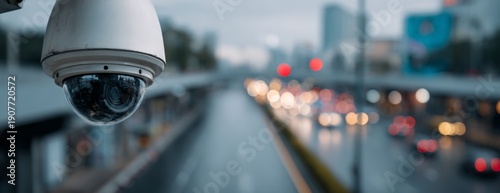 Security camera overlooking busy city street in urban environment  