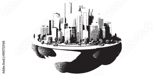 Isolated Cityscape on Spherical Landmass Abstract Concept.City skyline silhouette.