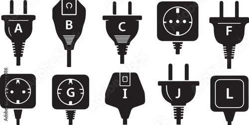 Variety of black electrical plug types and symbols displayed