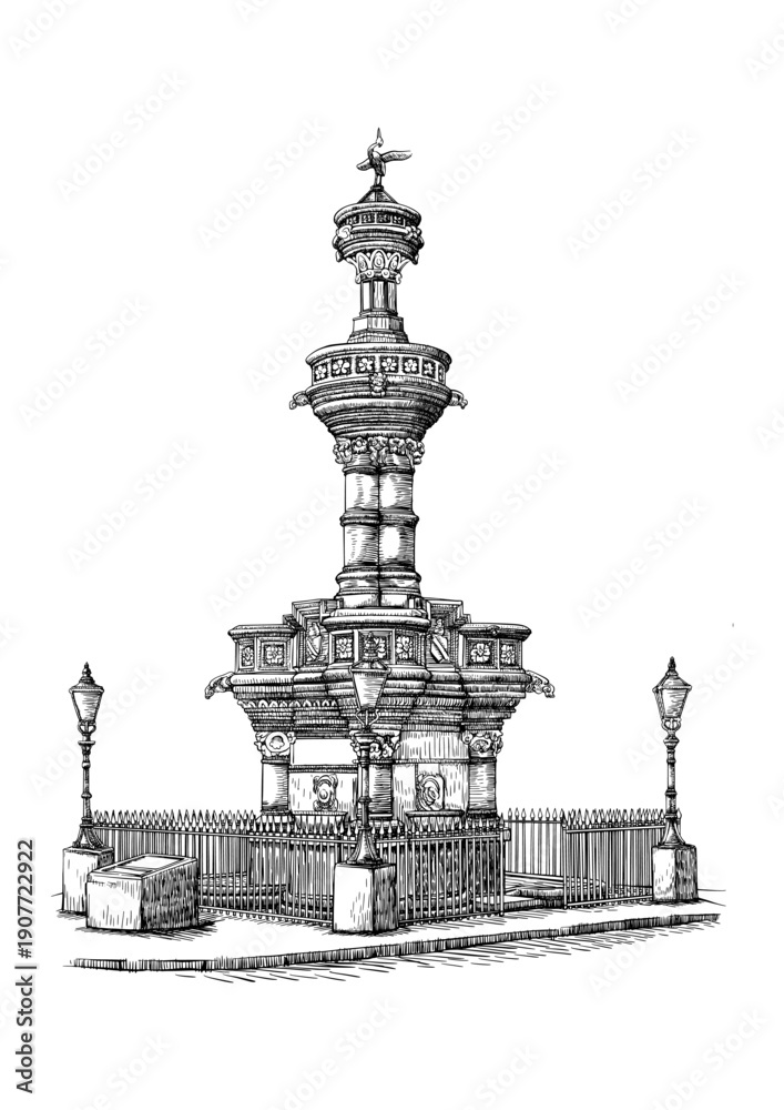 Obraz premium Decorative Fountain Line Art Vector Illustration