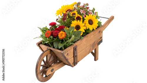 Valokuva Wooden wheelbarrow filled with colorful flowers isolated on transparent backgrou