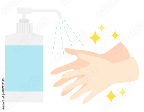 消毒液とキラキラ輝く清潔な手