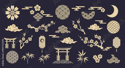 A collection of traditional Japanese cultural symbols and natural elements including cherry blossoms, torii gates, lanterns, and clouds, rendered in a flat graphic style.