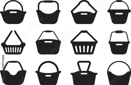 Collection of various black baskets with different shapes and handles