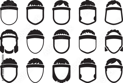 Collection of 15 unique black and white face silhouette profiles with various hairstyles
