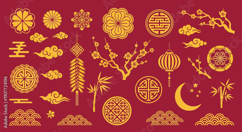 A vibrant collection of traditional golden Chinese New Year decorative elements and symbols on a rich red background.