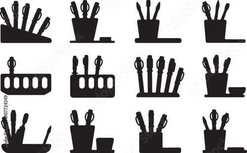 Collection of makeup brush holders with various brushes