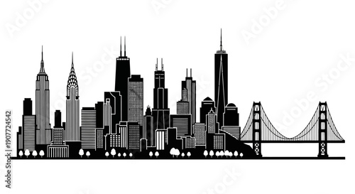 Iconic City Skyline Silhouette with Golden Gate Bridge and Modern Tower on Isolated White Background