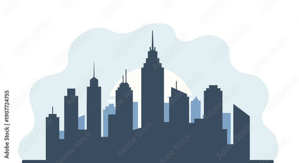 Obraz premium Stylized Blue City Skyline Silhouette with Skyscraper and Clouds in Bright Studio