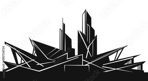 Abstract Futuristic City Skyline Silhouette with Complex Angular Structures on Isolated White Background