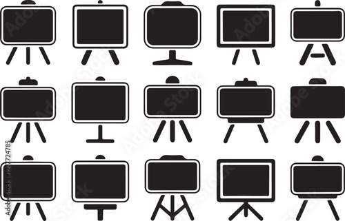 Collection of various blackboard and chalkboard icons on easels