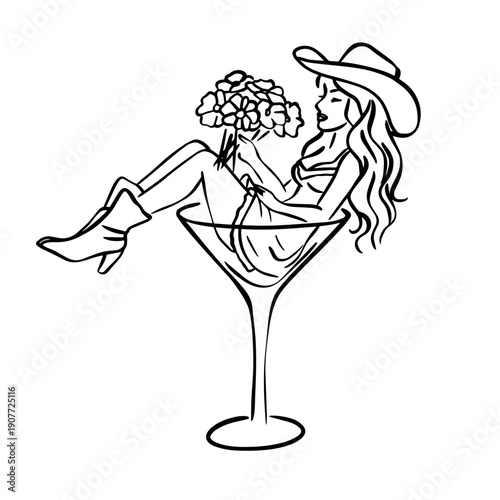 Cowgirl Sitting in Martini Glass with Bouquet – Line Art Illustration, Western Bachelorette Clipart